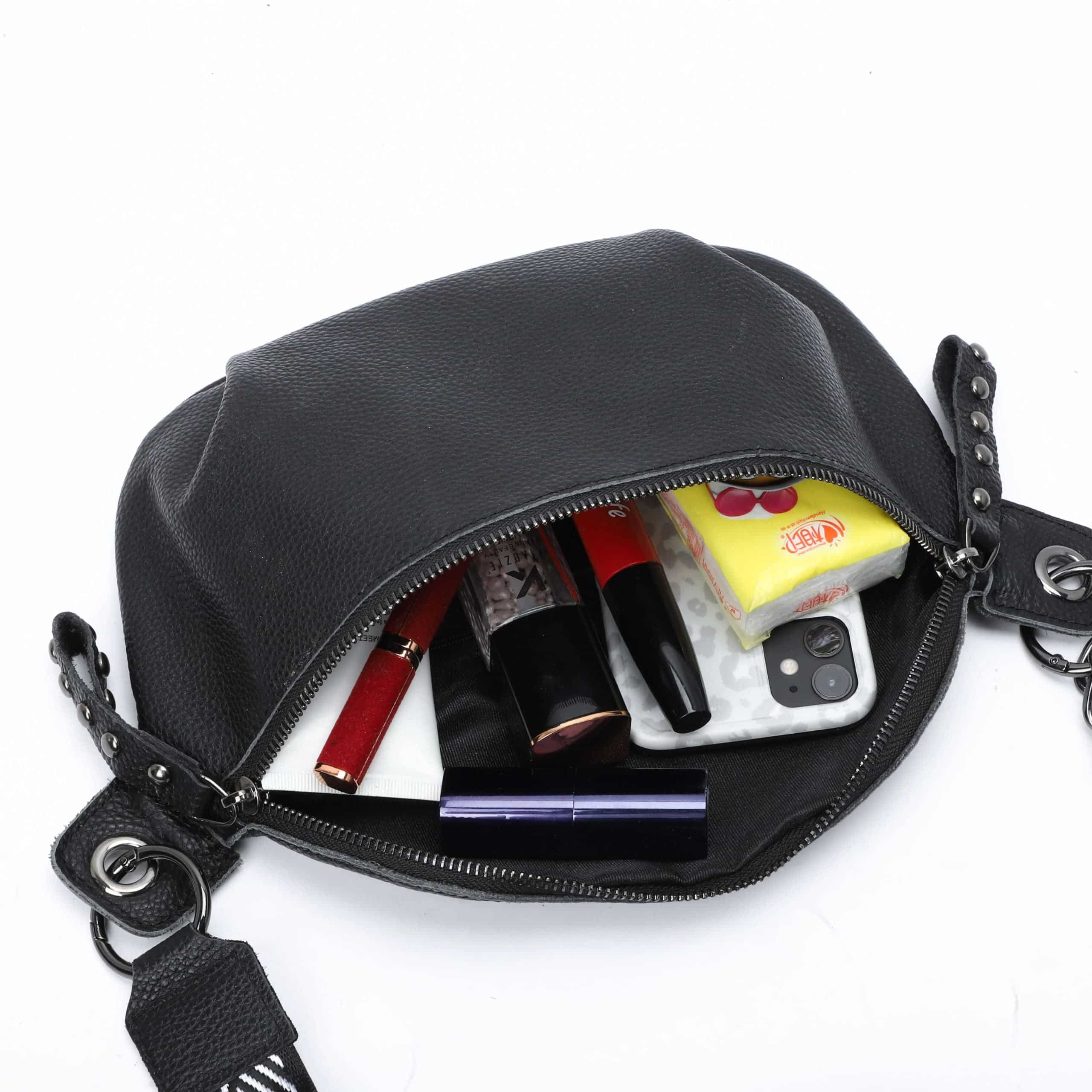 premium women's leather fanny pack with interior view