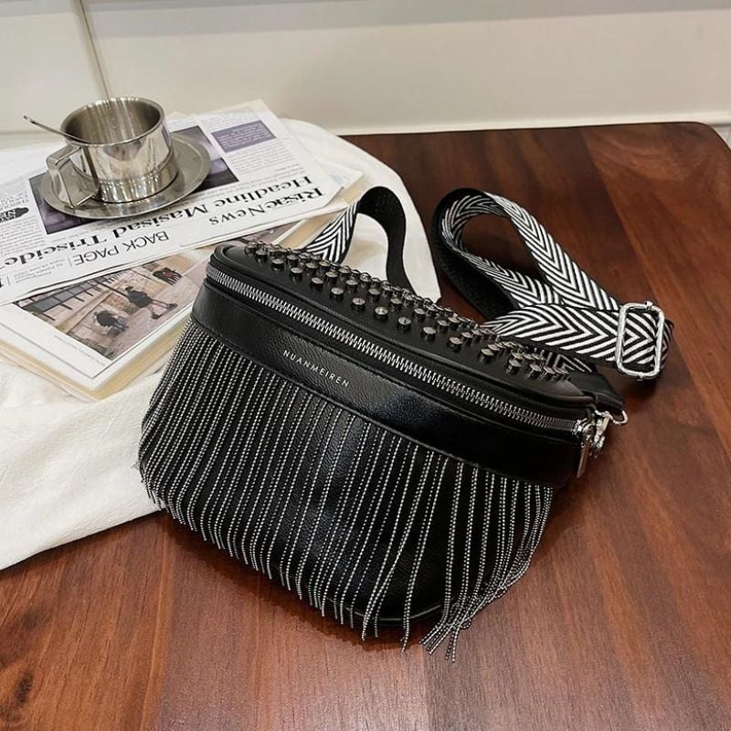 Women's luxury leather fanny pack with fringe