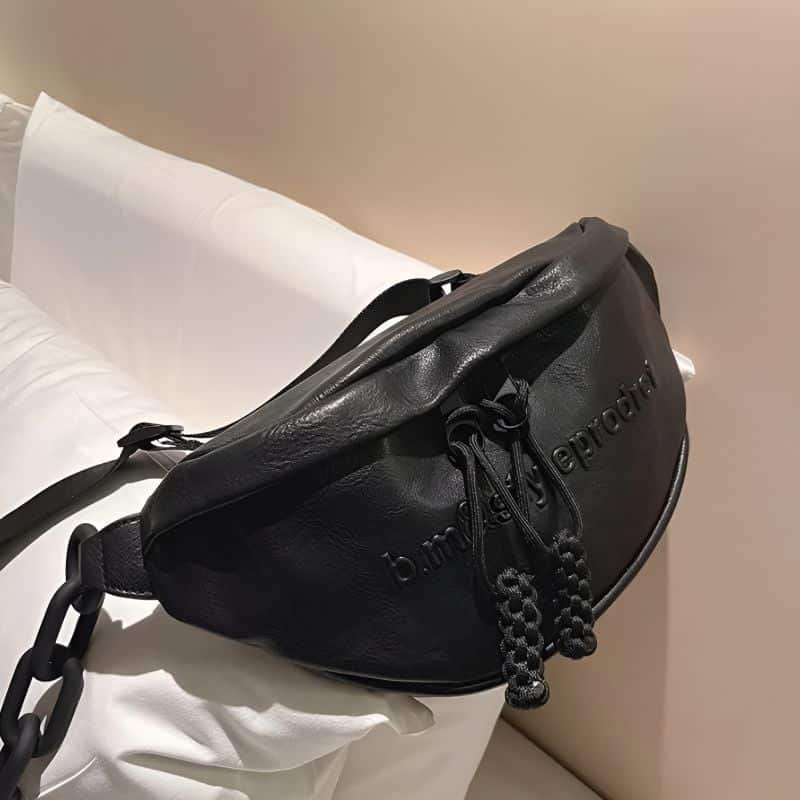 Large women's leather fanny pack seen up close