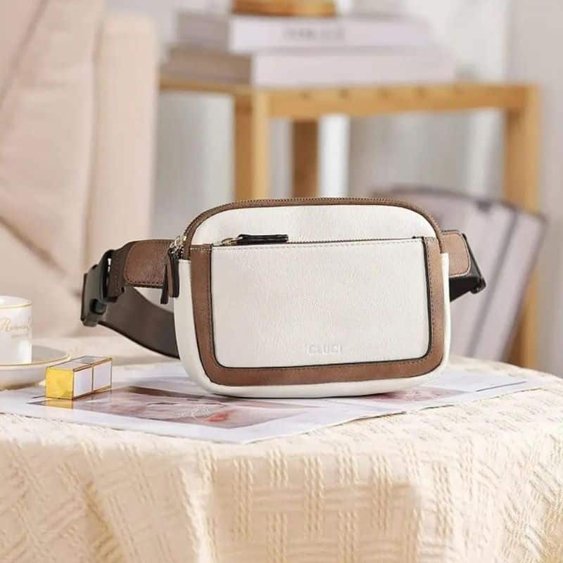 Beige leather belt fanny pack