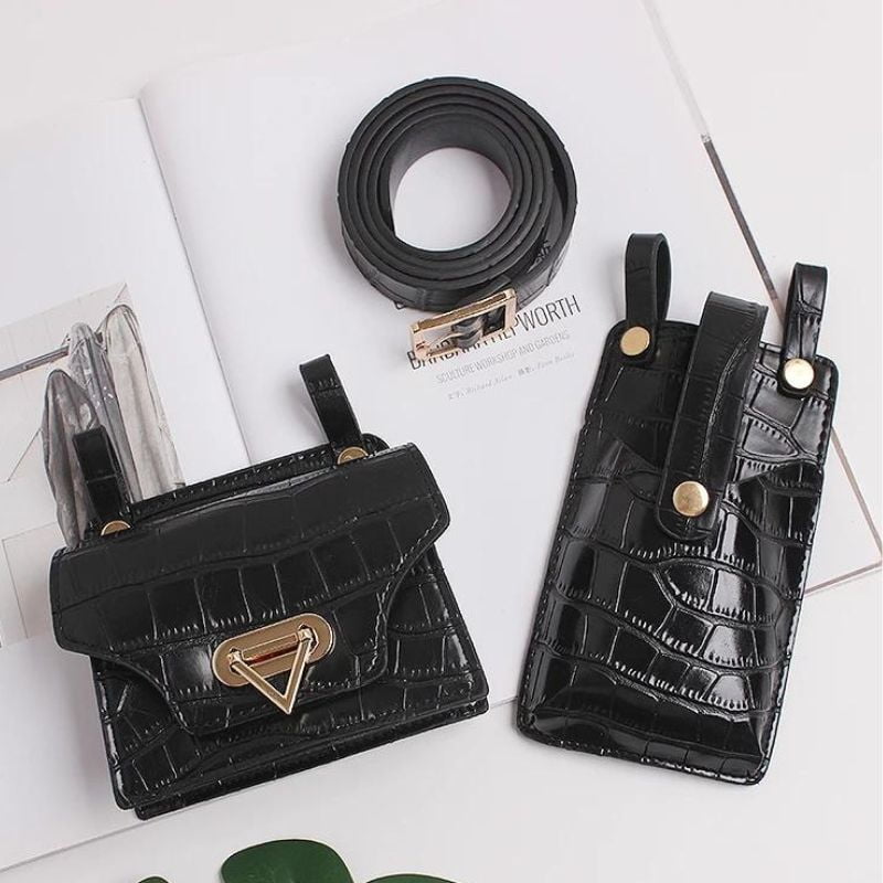 chic 3-piece crocodile leather fanny pack