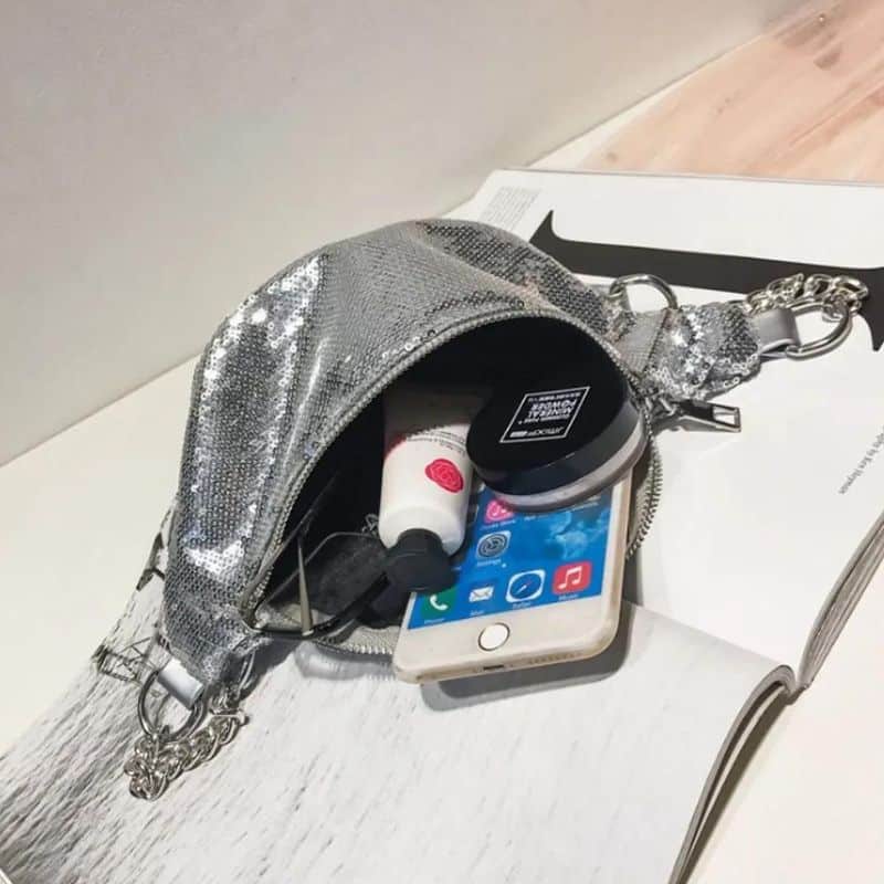 Glittery leather fanny pack storage