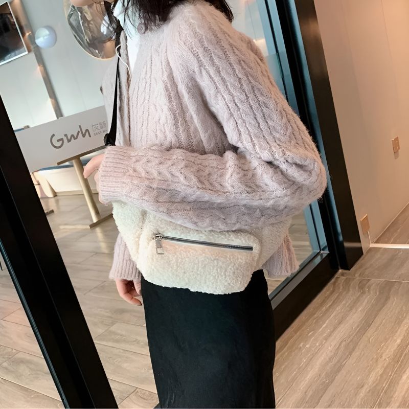 Women's sheepskin effect fanny pack on the shoulder
