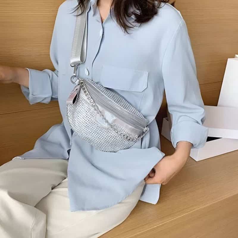 Women's silver rhinestone fanny pack design