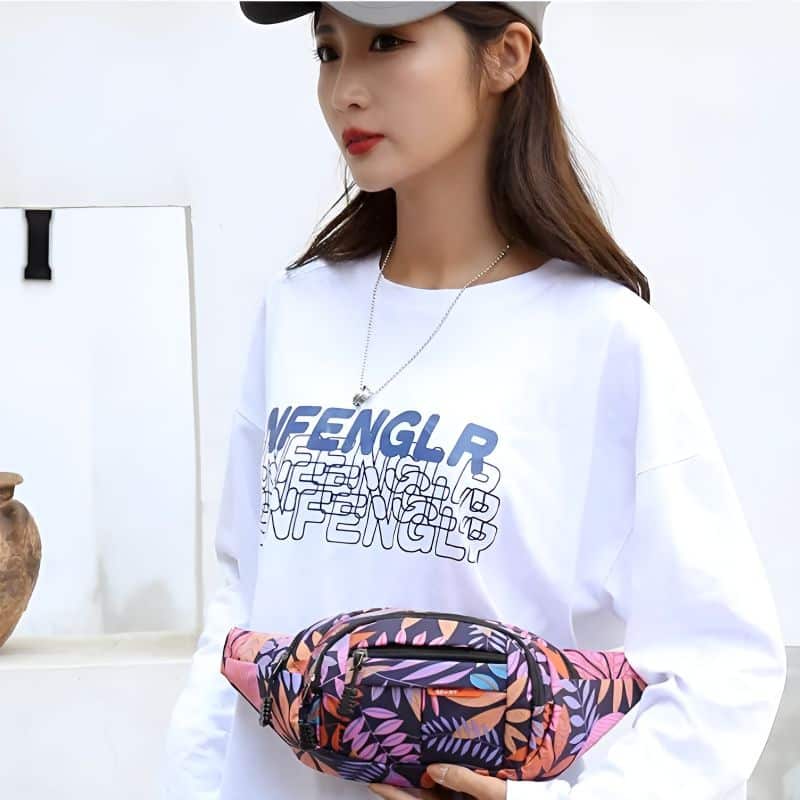 floral fanny pack worn at the waist