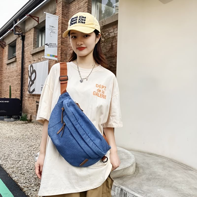 Denim fanny pack worn crossbody
