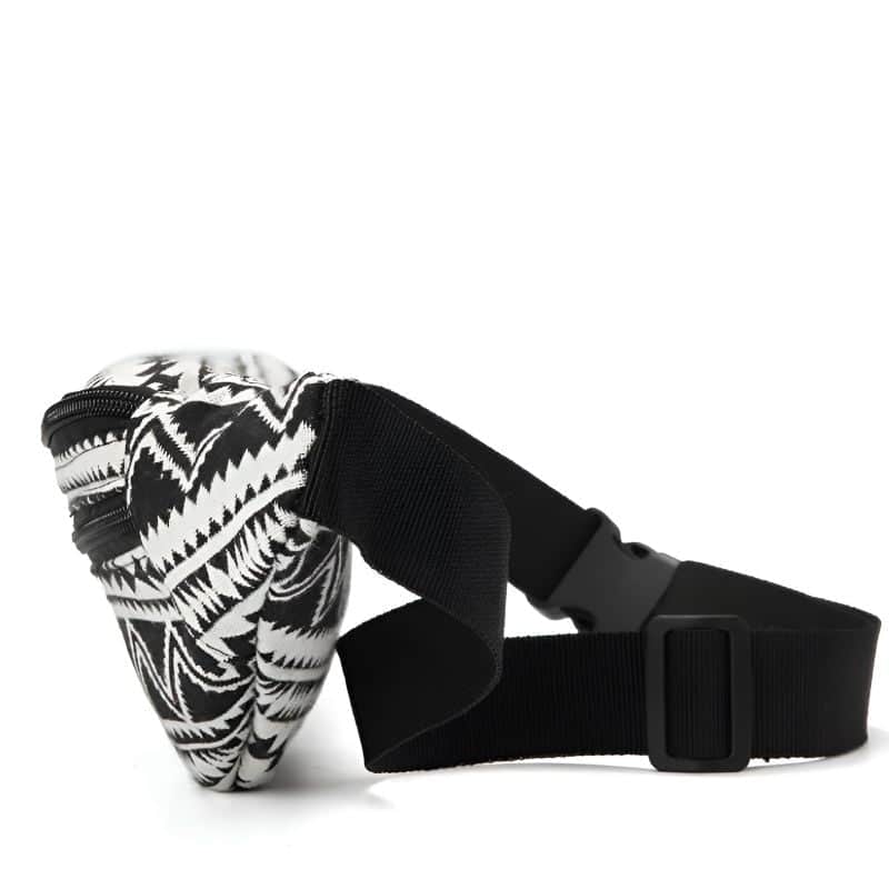 Women's fabric fanny pack with ethnic pattern Black/White (Profile View)