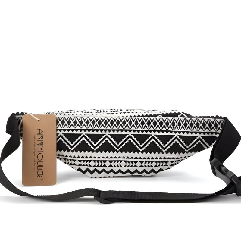 women's fanny pack fabric with ethnic pattern Black/White (back view)