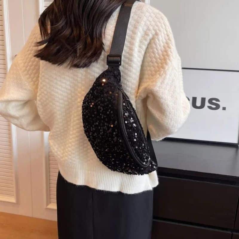 Women's black glitter fanny pack design