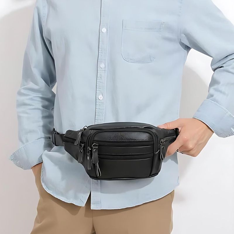 Pretty men's black leather fanny pack