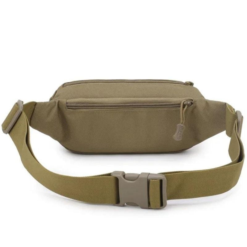Soft khaki men's fanny pack closing like a belt design
