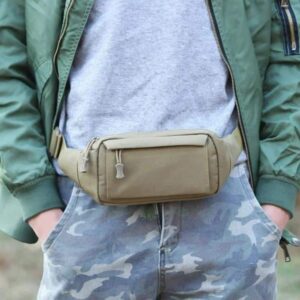 Soft khaki men's fanny pack closing like a belt