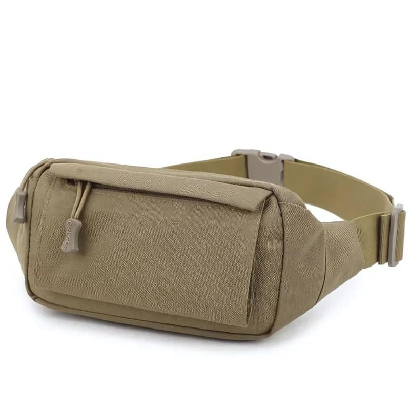 Soft khaki men's fanny pack closing like a belt