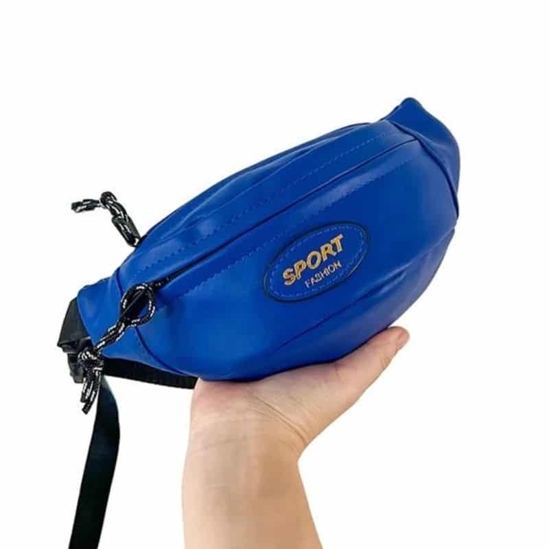 A dark blue leather fanny pack for girls