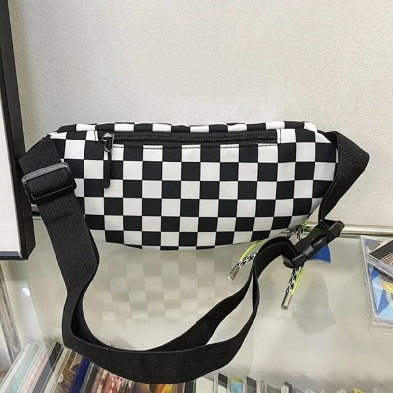 Checkered fanny pack seen from the back