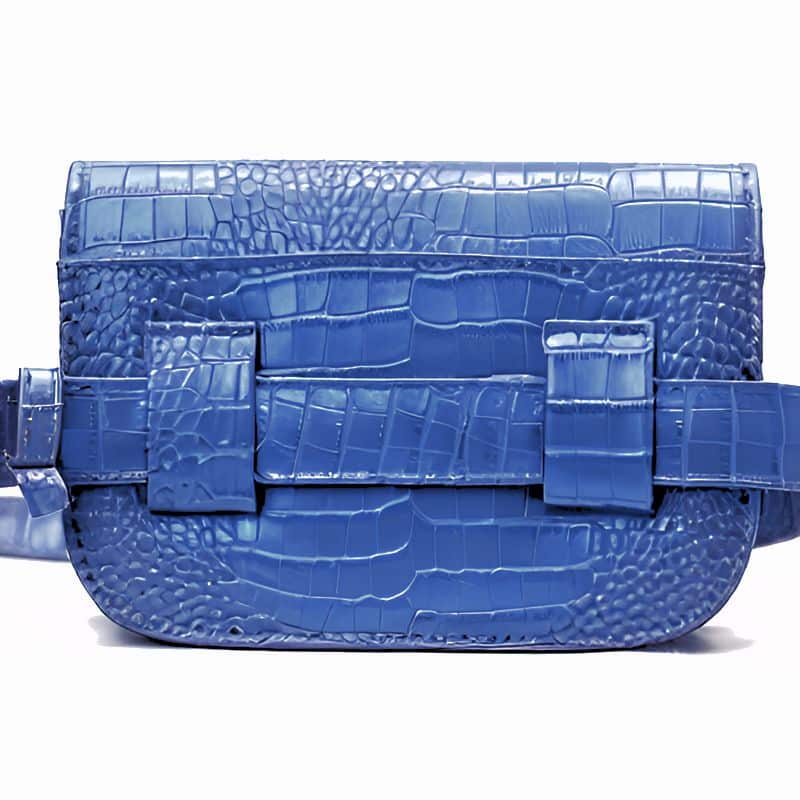 Blue crocodile fanny pack seen from the back