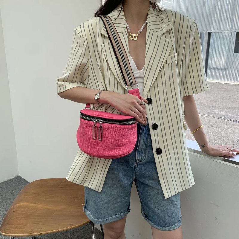 Flash pink fanny pack on the shoulder