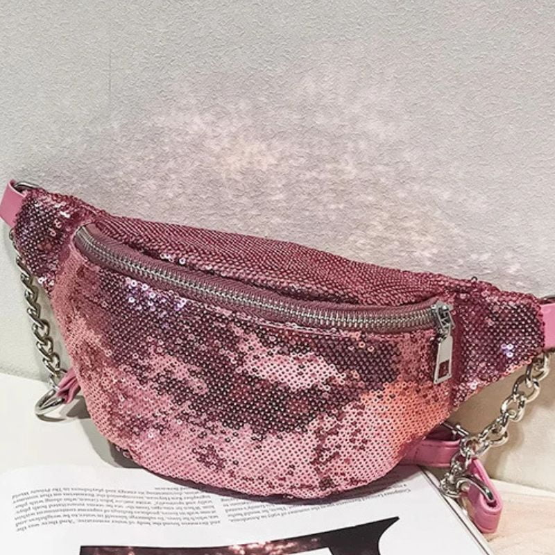 Pink glitter fanny pack side